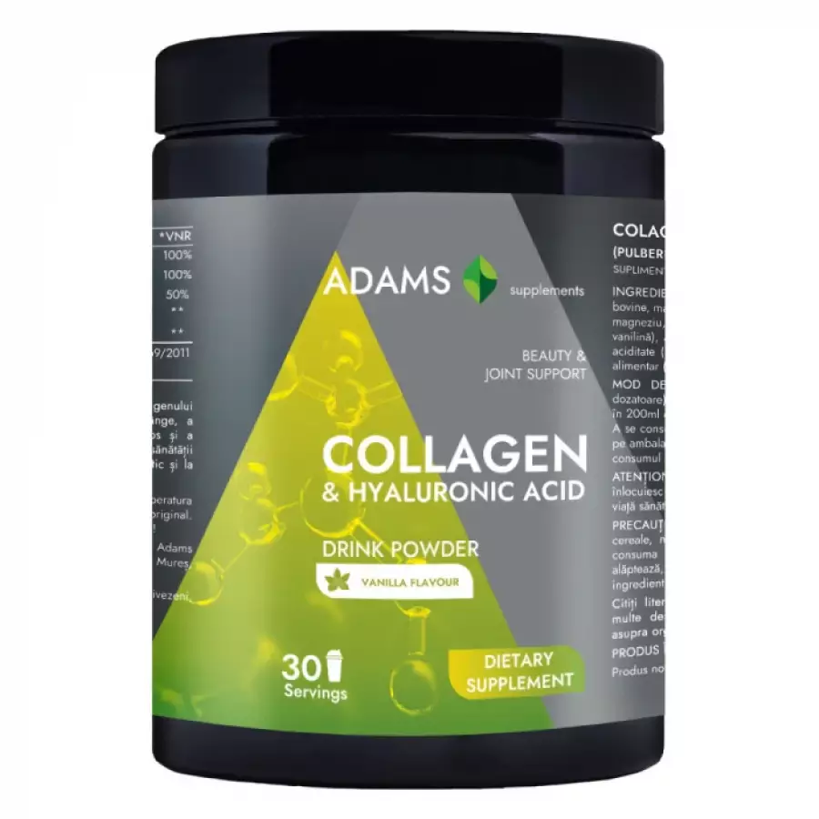 Collagen si acid hialuronic (pulbere instant, aroma vanilie) x 600g (ADAMS)