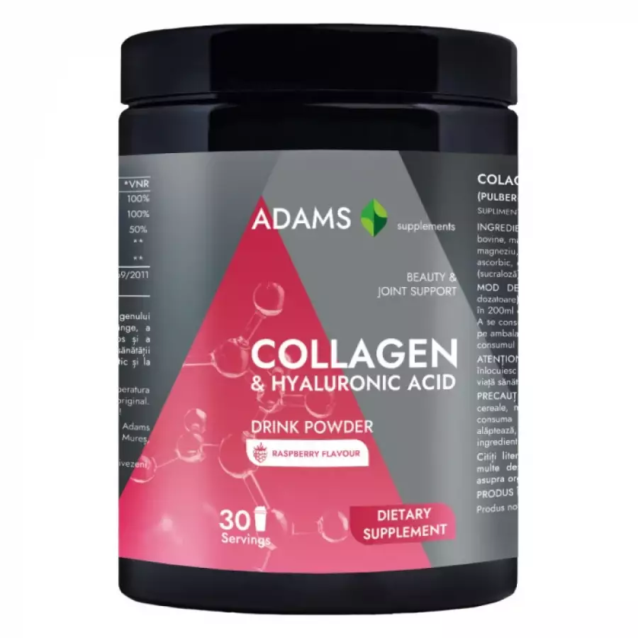 Collagen si acid hialuronic (pulbere instant, aroma  zmeura ) x 600g (ADAMS)