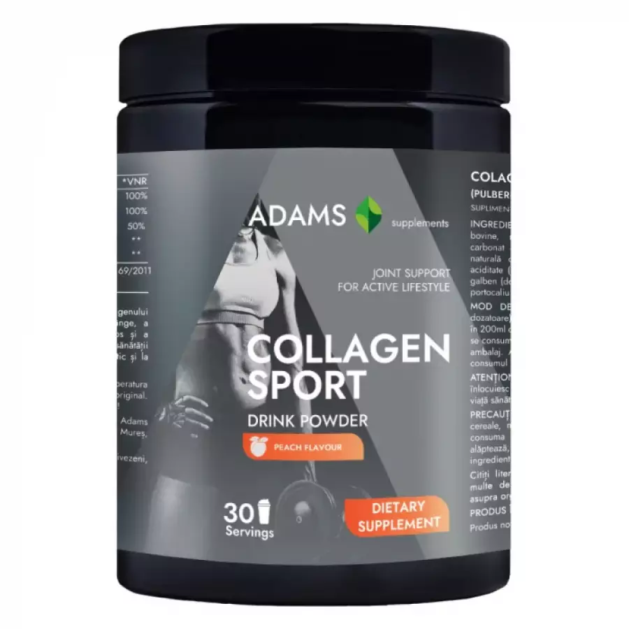 Collagen sport (pulbere instant, aroma piersica) x 600g (ADAMS)